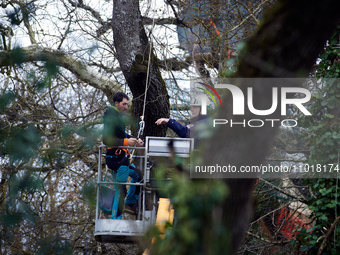 An 'Ecureuil' is discussing with Michel Forst in the 'Crem'Arbre' ZAD in Saix, Tarn, France, on February 22, 2024. Michel Forst, the United...