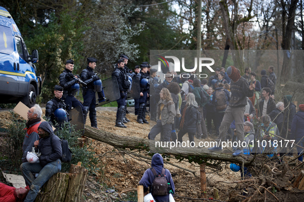 Protesters are waiting for the arrival of Michel Forst at the 'Crem'Arbre' ZAD in Saix, Tarn, France, on February 22, 2024. Michel Forst, th...