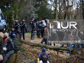 Protesters are waiting for the arrival of Michel Forst at the 'Crem'Arbre' ZAD in Saix, Tarn, France, on February 22, 2024. Michel Forst, th...