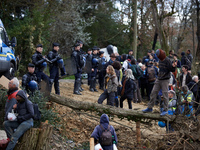 Protesters are waiting for the arrival of Michel Forst at the 'Crem'Arbre' ZAD in Saix, Tarn, France, on February 22, 2024. Michel Forst, th...