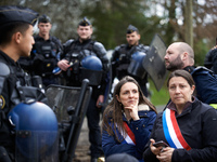 Members of Parliament Anne Stambach-Terrenoir (left) and Karen Erodi are being blocked by the Gendarmerie Mobile. Michel Forst, the United N...