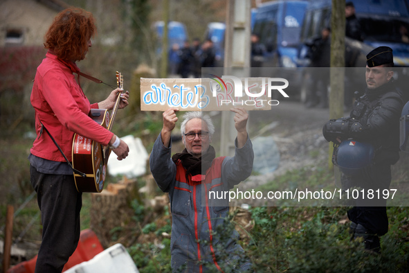 Protesters are displaying a placard that reads 'Stop the Prefet' in Saix, Tarn, France, on February 22, 2024. Michel Forst, the United Natio...