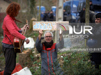 Protesters are displaying a placard that reads 'Stop the Prefet' in Saix, Tarn, France, on February 22, 2024. Michel Forst, the United Natio...