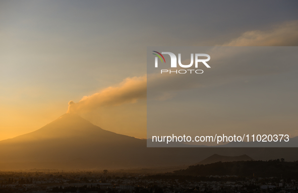 CHOLULA, MEXICO - DECEMBER 11, 2023: 
View of Popocatepetl volcano, seen from  Our Lady of Remedies Church), on December 11, 2023, in Cholul...