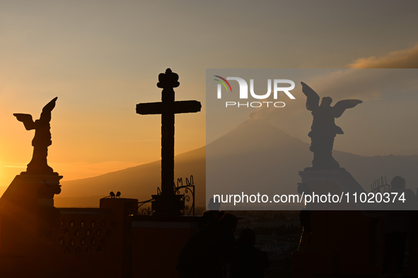 CHOLULA, MEXICO - DECEMBER 11, 2023: 
View of Popocatepetl volcano, seen from  Our Lady of Remedies Church), on December 11, 2023, in Cholul...