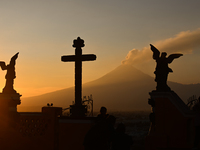 CHOLULA, MEXICO - DECEMBER 11, 2023: 
View of Popocatepetl volcano, seen from  Our Lady of Remedies Church), on December 11, 2023, in Cholul...