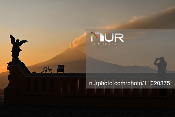 CHOLULA, MEXICO - DECEMBER 11, 2023: 
View of Popocatepetl volcano, seen from  Our Lady of Remedies Church), on December 11, 2023, in Cholul...