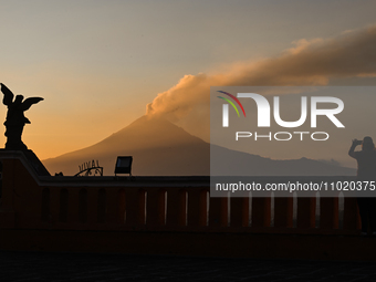 CHOLULA, MEXICO - DECEMBER 11, 2023: 
View of Popocatepetl volcano, seen from  Our Lady of Remedies Church), on December 11, 2023, in Cholul...