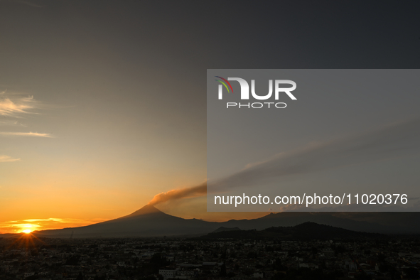 CHOLULA, MEXICO - DECEMBER 11, 2023: 
View of Popocatepetl volcano, seen from  Our Lady of Remedies Church), on December 11, 2023, in Cholul...