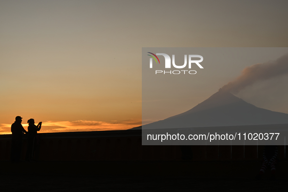 CHOLULA, MEXICO - DECEMBER 11, 2023: 
View of Popocatepetl volcano, seen from  Our Lady of Remedies Church), on December 11, 2023, in Cholul...