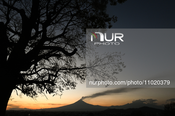 CHOLULA, MEXICO - DECEMBER 11, 2023: 
View of Popocatepetl volcano, seen from  Our Lady of Remedies Church), on December 11, 2023, in Cholul...