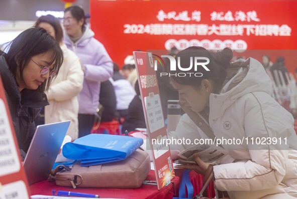 Job seekers are learning about jobs at a job fair in Taizhou, East China's Jiangsu province, on February 25, 2024. 