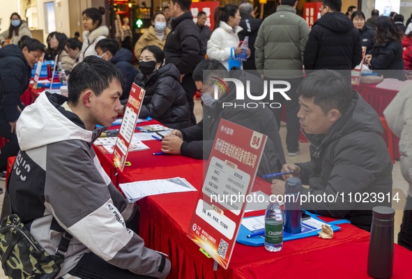 Job seekers are consulting at a large-scale job fair in Taizhou, East China's Jiangsu Province, on February 25, 2024. 