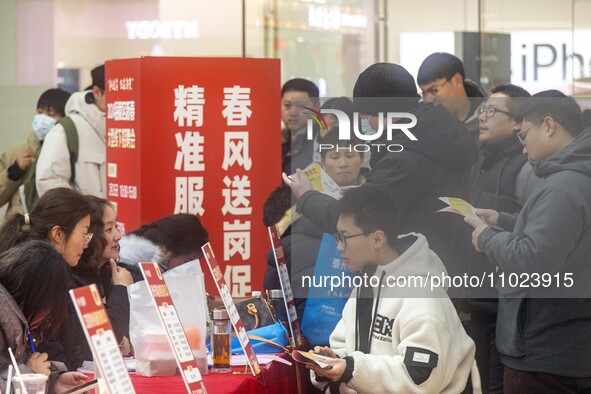 Job seekers are consulting at a large-scale job fair in Taizhou, East China's Jiangsu Province, on February 25, 2024. 