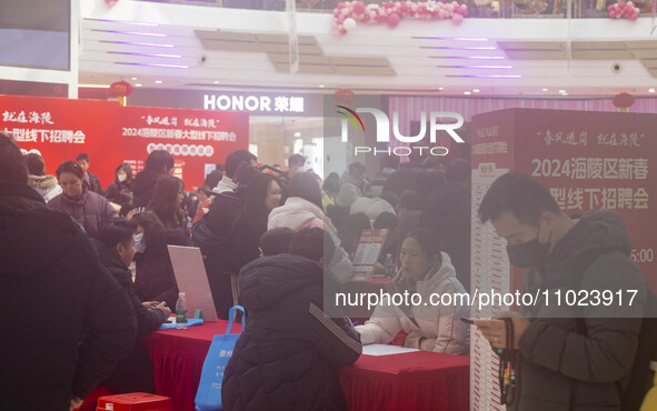 Job seekers are consulting at a large-scale job fair in Taizhou, East China's Jiangsu Province, on February 25, 2024. 