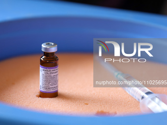 A vial containing the measles-rubella vaccine is sitting on top of an ice pack at an inoculation center in Kathmandu, Nepal, on February 25,...