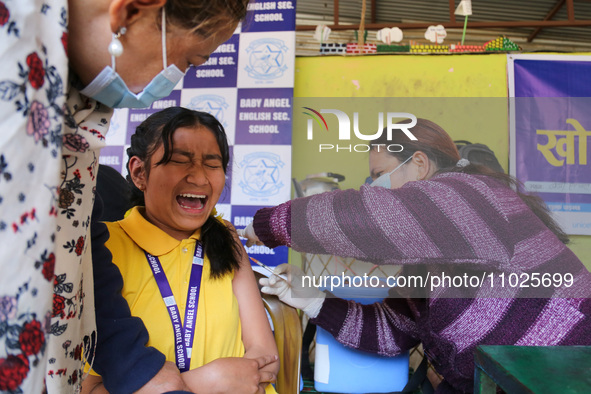 A Nepali student is reacting as a paramedic administers a vaccine against measles-rubella at a local school in Kathmandu, Nepal, on February...