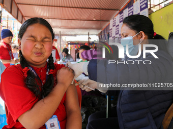 A Nepali student is reacting as a paramedic administers a vaccine against measles-rubella at a local school in Kathmandu, Nepal, on February...