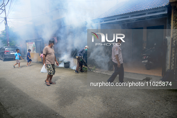 A worker is fumigating an area with anti-mosquito fog to control dengue fever in a residential area in Bogor, West Java, Indonesia, on Febru...