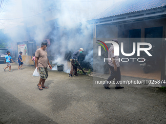 A worker is fumigating an area with anti-mosquito fog to control dengue fever in a residential area in Bogor, West Java, Indonesia, on Febru...