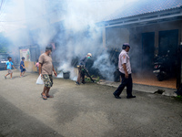 A worker is fumigating an area with anti-mosquito fog to control dengue fever in a residential area in Bogor, West Java, Indonesia, on Febru...