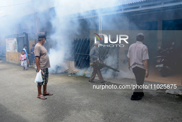 A worker is fumigating an area with anti-mosquito fog to control dengue fever in a residential area in Bogor, West Java, Indonesia, on Febru...