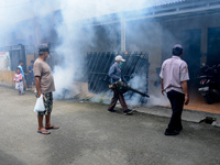 A worker is fumigating an area with anti-mosquito fog to control dengue fever in a residential area in Bogor, West Java, Indonesia, on Febru...