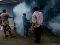 A worker is fumigating an area with anti-mosquito fog to control dengue fever in a residential area in Bogor, West Java, Indonesia, on Febru...