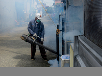 A worker is fumigating an area with anti-mosquito fog to control dengue fever in a residential area in Bogor, West Java, Indonesia, on Febru...