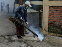 A worker is fumigating an area with anti-mosquito fog to control dengue fever in a residential area in Bogor, West Java, Indonesia, on Febru...