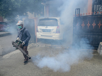 A worker is fumigating an area with anti-mosquito fog to control dengue fever in a residential area in Bogor, West Java, Indonesia, on Febru...