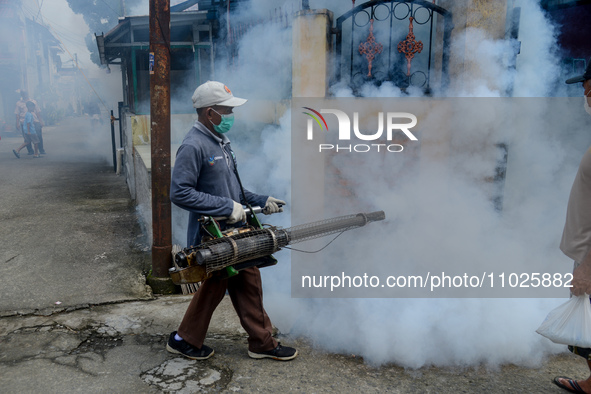 A worker is fumigating an area with anti-mosquito fog to control dengue fever in a residential area in Bogor, West Java, Indonesia, on Febru...