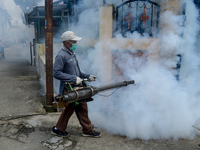 A worker is fumigating an area with anti-mosquito fog to control dengue fever in a residential area in Bogor, West Java, Indonesia, on Febru...