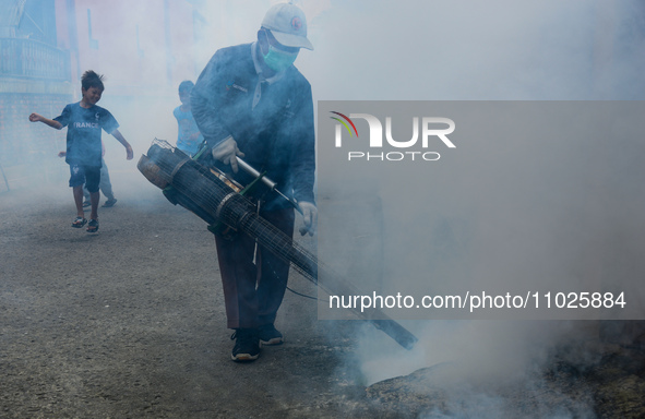 A worker is fumigating an area with anti-mosquito fog to control dengue fever in a residential area in Bogor, West Java, Indonesia, on Febru...