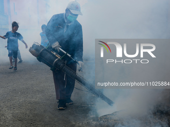 A worker is fumigating an area with anti-mosquito fog to control dengue fever in a residential area in Bogor, West Java, Indonesia, on Febru...