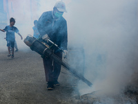 A worker is fumigating an area with anti-mosquito fog to control dengue fever in a residential area in Bogor, West Java, Indonesia, on Febru...