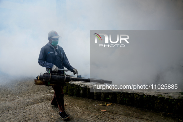 A worker is fumigating an area with anti-mosquito fog to control dengue fever in a residential area in Bogor, West Java, Indonesia, on Febru...