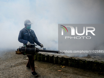 A worker is fumigating an area with anti-mosquito fog to control dengue fever in a residential area in Bogor, West Java, Indonesia, on Febru...