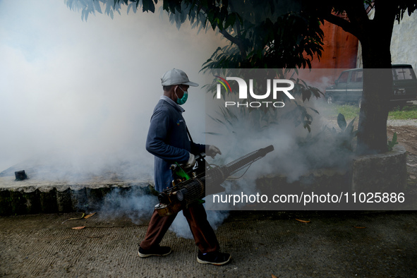 A worker is fumigating an area with anti-mosquito fog to control dengue fever in a residential area in Bogor, West Java, Indonesia, on Febru...