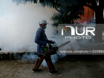 A worker is fumigating an area with anti-mosquito fog to control dengue fever in a residential area in Bogor, West Java, Indonesia, on Febru...