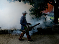 A worker is fumigating an area with anti-mosquito fog to control dengue fever in a residential area in Bogor, West Java, Indonesia, on Febru...