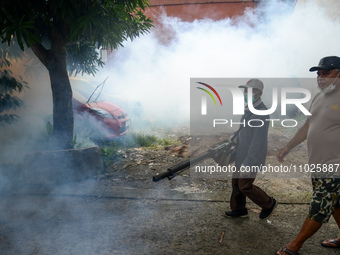 A worker is fumigating an area with anti-mosquito fog to control dengue fever in a residential area in Bogor, West Java, Indonesia, on Febru...