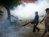 A worker is fumigating an area with anti-mosquito fog to control dengue fever in a residential area in Bogor, West Java, Indonesia, on Febru...