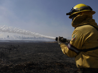 A firefighter is trying to put out a fire in the Cuemanco Ecological Park in Xochimilco, Mexico City. (