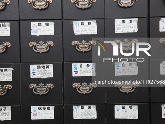 Traditional Chinese medicine cabinets, labeled with the names of various herbs, and hanging medicine scales are being seen in Shantou, Guang...