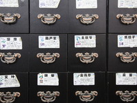 Traditional Chinese medicine cabinets, labeled with the names of various herbs, and hanging medicine scales are being seen in Shantou, Guang...