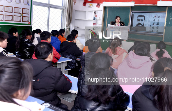 Primary school students are attending a class on the history of the Communist Party of China (CPC) in Zaozhuang, Shandong Province, China, o...