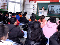 Primary school students are attending a class on the history of the Communist Party of China (CPC) in Zaozhuang, Shandong Province, China, o...