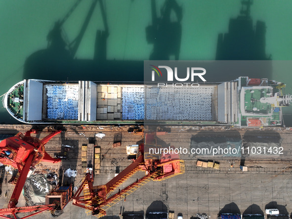 Cargo ships are unloading newly arrived chemical fertilizers at the port terminal in Lianyungang, East China's Jiangsu province, on February...