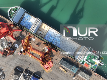 Cargo ships are unloading newly arrived chemical fertilizers at the port terminal in Lianyungang, East China's Jiangsu province, on February...